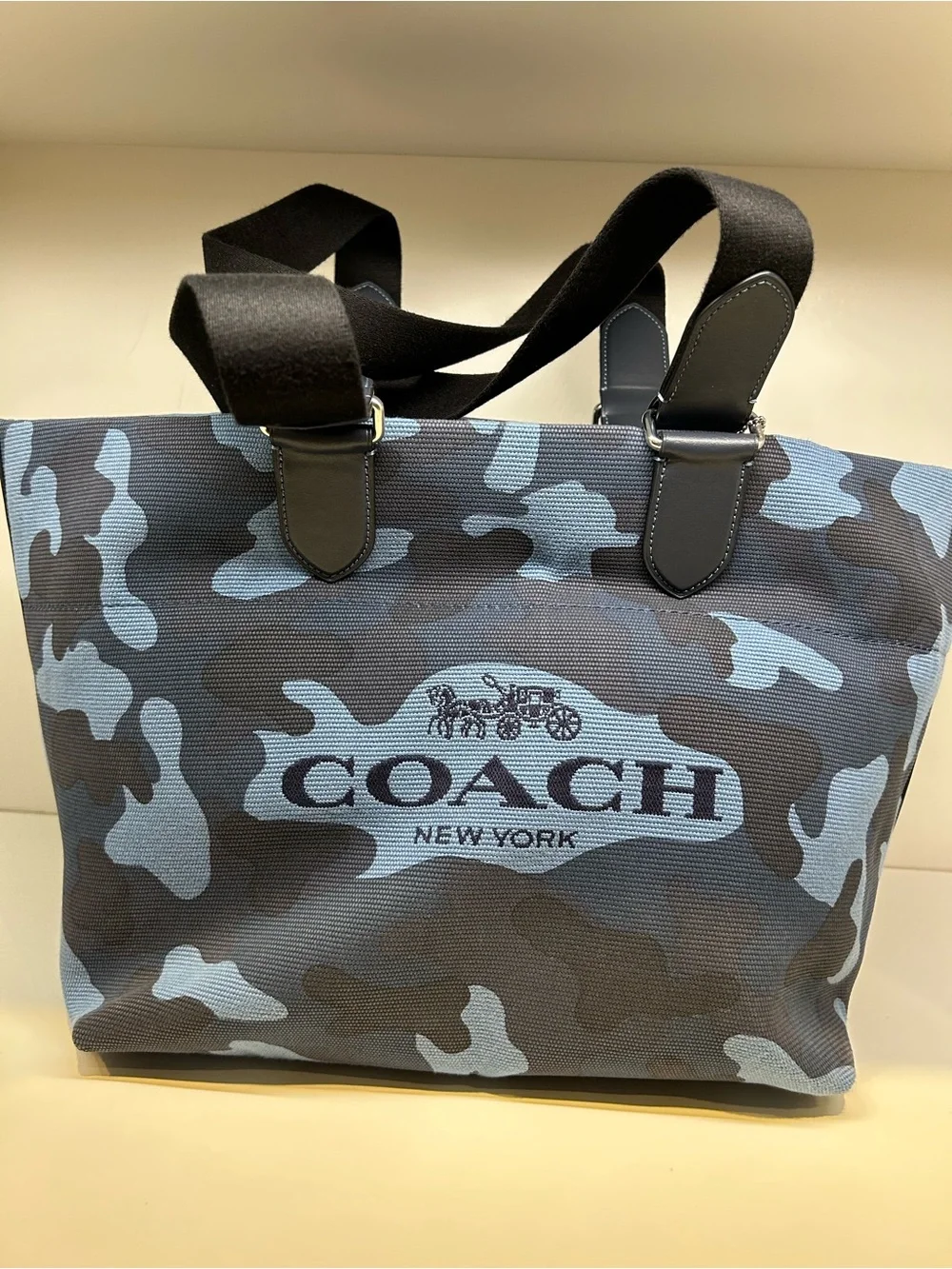Coach Blue Camo Canvas tour Tote with Black Leather Handles